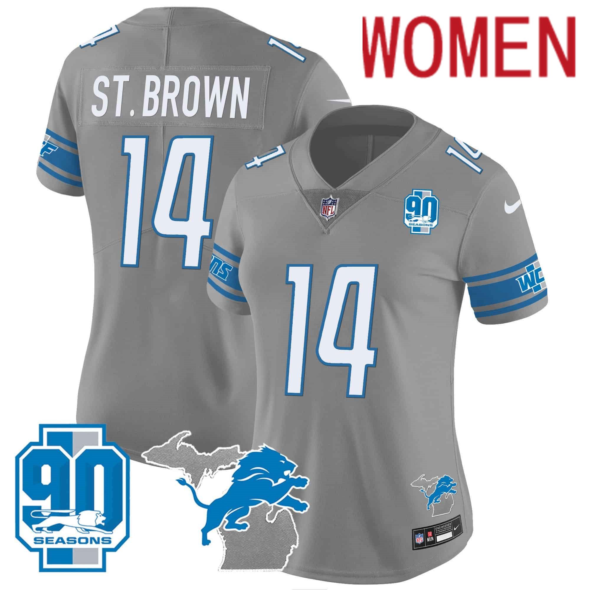 Women Detroit Lions #14 ST Brown Grey 2024 Nike 90th Year Michigan Patch Vapor NFL Jersey->customized nfl jersey->Custom Jersey